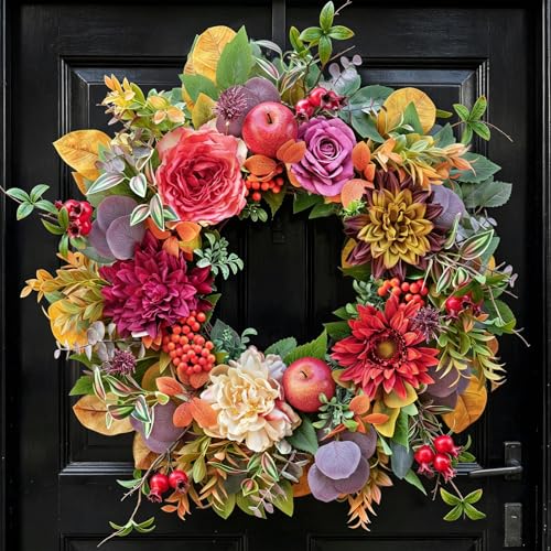 Fall Wreaths for Front Door Outside Autumn Wreath with Flowers, Apples, Berries & Leaves Fall Wreath for Outdoor Wreaths for Front Door, Autumn Decor for Outdoor 24 Inch