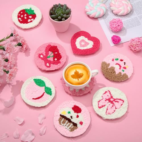 Image of Honeydak 8 Pcs Punch Needle Coaster Kit Coquette Bow Easy DIY Embroidery Set for Beginners Adults with Cute Sugar Bloom Patterns Tools Yarns Hoop Instructions Yarn Rug Tufting Coaster Art Crafts