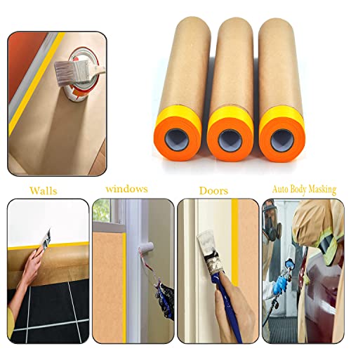 Pre-Taped Paint Masking Paper And Masking Tape Sets,3 Rolls 22Inch-50Feet Painters Paper And 2 Rolls Painters Tape, Automotive Paint Paper, Tape And Drape Waterproof For Painting Protection Covering #TOP3