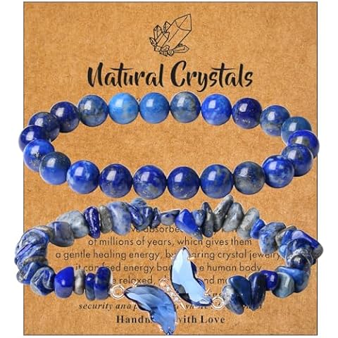 DUQGUHO 2Pcs Blue Bracelets for Women Butterfly Bracelet Blue Beaded Bracelets for Women Lapis Lazuli Bracelet Blue Gemstone Jewelry Healing Crystals Bracelets 8mm Blue Beaded Bracelet Gifts for Women Cover