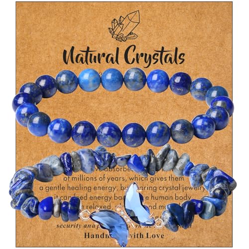 DUQGUHO 2Pcs Butterfly Bracelets for Women Healing Crystals Bracelets for Women Natural Gemstone Bead Bracelet Cute Butterfly Charm Bracelet Stretch 8mm Crystal Jewelry Gifts for Women, 7 inches