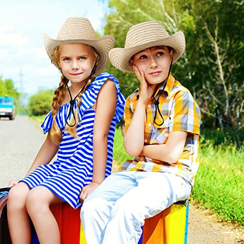 Image of Unittype 48 Pcs Kids Cowboy Hat Bulk Western Party Straw Cowboy Cowgirl Sun Hat Set with Lanyard for Children Boy Girl Party Costume Accessories