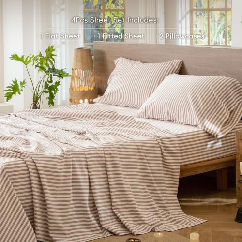 Image of MooMee Striped Sheet Set 100% Washed Cotton Linen Like Full