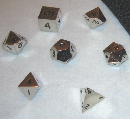Set Of 7 Polyhedral Metal Dice With Bag (16Mm, Silver Color) #TOP3