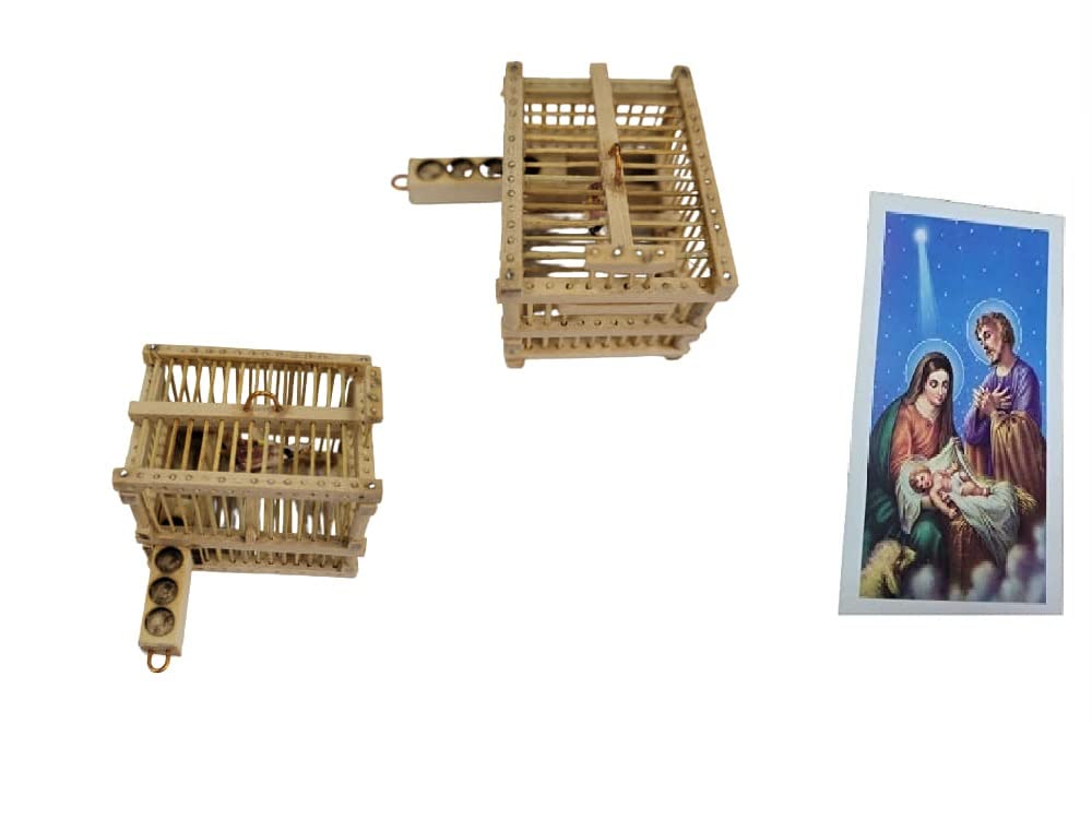 gabbia legno 5x3,5 alta 3,5 cm fatta a mano 2 scoparti apribili con uccelllo terracotta per pastori 7 10 12 cm presepe S. GREGORIO ARMENO RICEVI SANTINO NATIVITA'