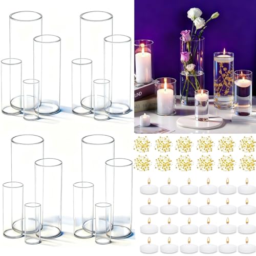 UDU 16 Set Glass Cylinder Vases for Centerpieces with 80000 Clear Beads 24 White Floating Candles...