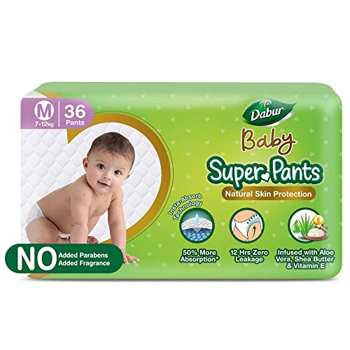 Dabur Baby Super Pants |Medium Size Baby Diapers | Natural Skin Protection | Infused With Aloe Vera, Shea Butter & Vitamin E | Insta-Absorb Technology | 12 Hrs Zero Leakage – 36 Packs