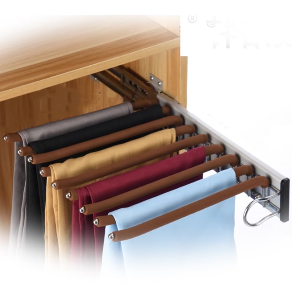 WMYYZYQ Heavy Duty Jean Hangers - Space Saving Pants Organizer Rack, Pull Out Clothes Hangers for Wardrobe Closet, Durable Black Pants Rack for Efficient Stor,Brown-Right