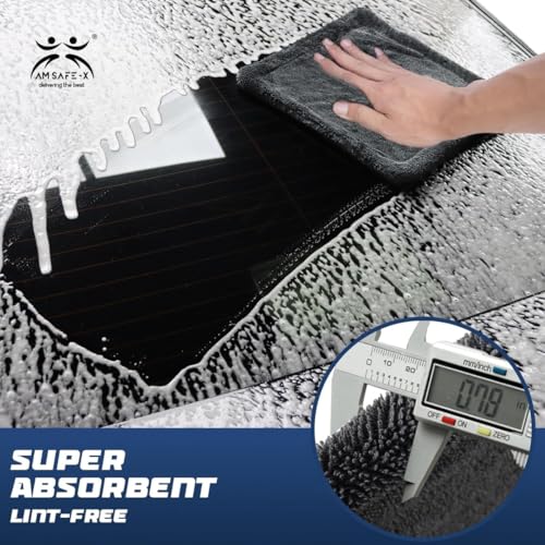 Image of AM Safe-X Microfiber Cloth for Car 1200 GSM 40x60 cms 1 Pcs Twisted Loop Super Absorbent Towel, Edgeless Design with Plush Pile & Lint Free Cloth for Drying & Detailing, Grey