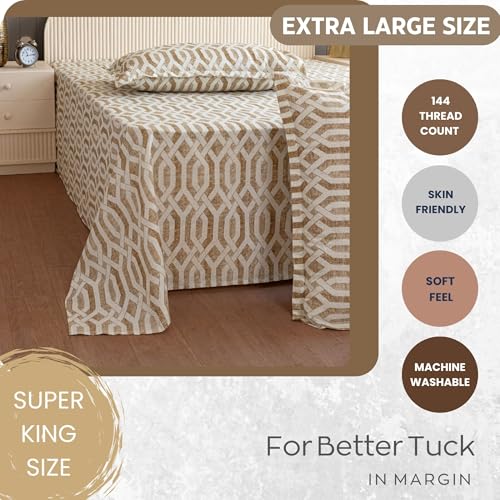 Image of Swayam Roto Cotton King Bedsheet with 2 Pillow Covers | Size 108 x 108 inch | 144 TC | Geometric Design | Soft Breathable Bed Sheet | Comfortable & Durable for Bedroom - Light Brown