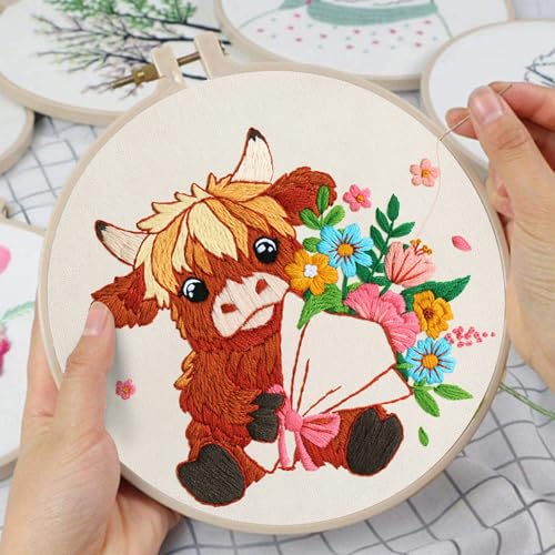 Image of Nuberlic Highland Cow Embroidery Kits for Beginners with Flowers Pattern, DIY Cross Stitch Starter Kits for Adults Including Cloth with Pattern, Hoop, Needles Instruction and Threads