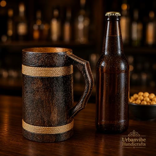 Image of Handmade Wooden Beer Mug, Wood with Sheesham Finish, Barrel Style, Lightweight & Durable, for Craft Beer, Home Bar, Cafe, Party, Gift(350ml) (Plane)