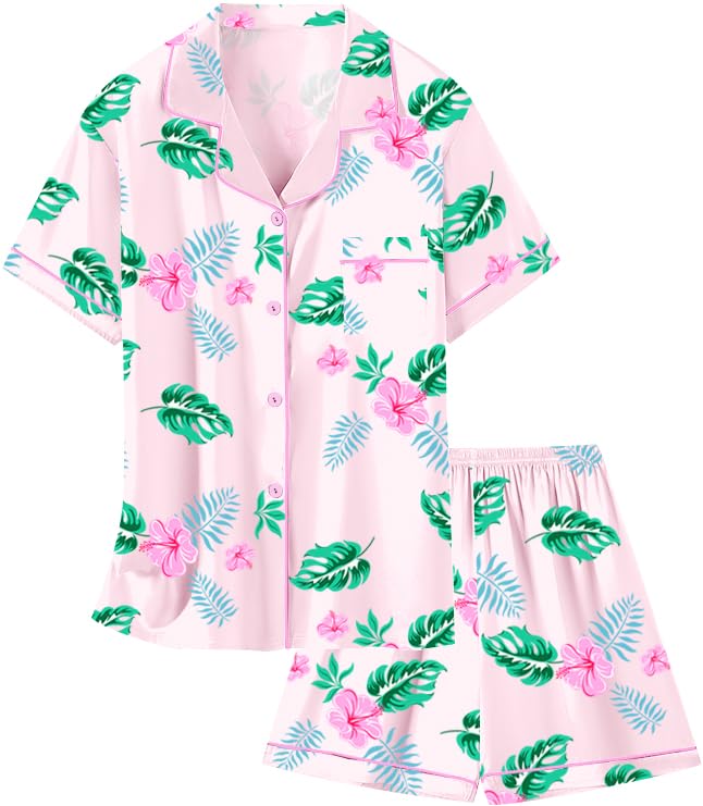Image of Schbbbta Girls Womens Pajamas, Satin Silky Pjs Set Kids 2Pcs Button-Down Nightwear Sleepwear Gift for Mommy and me