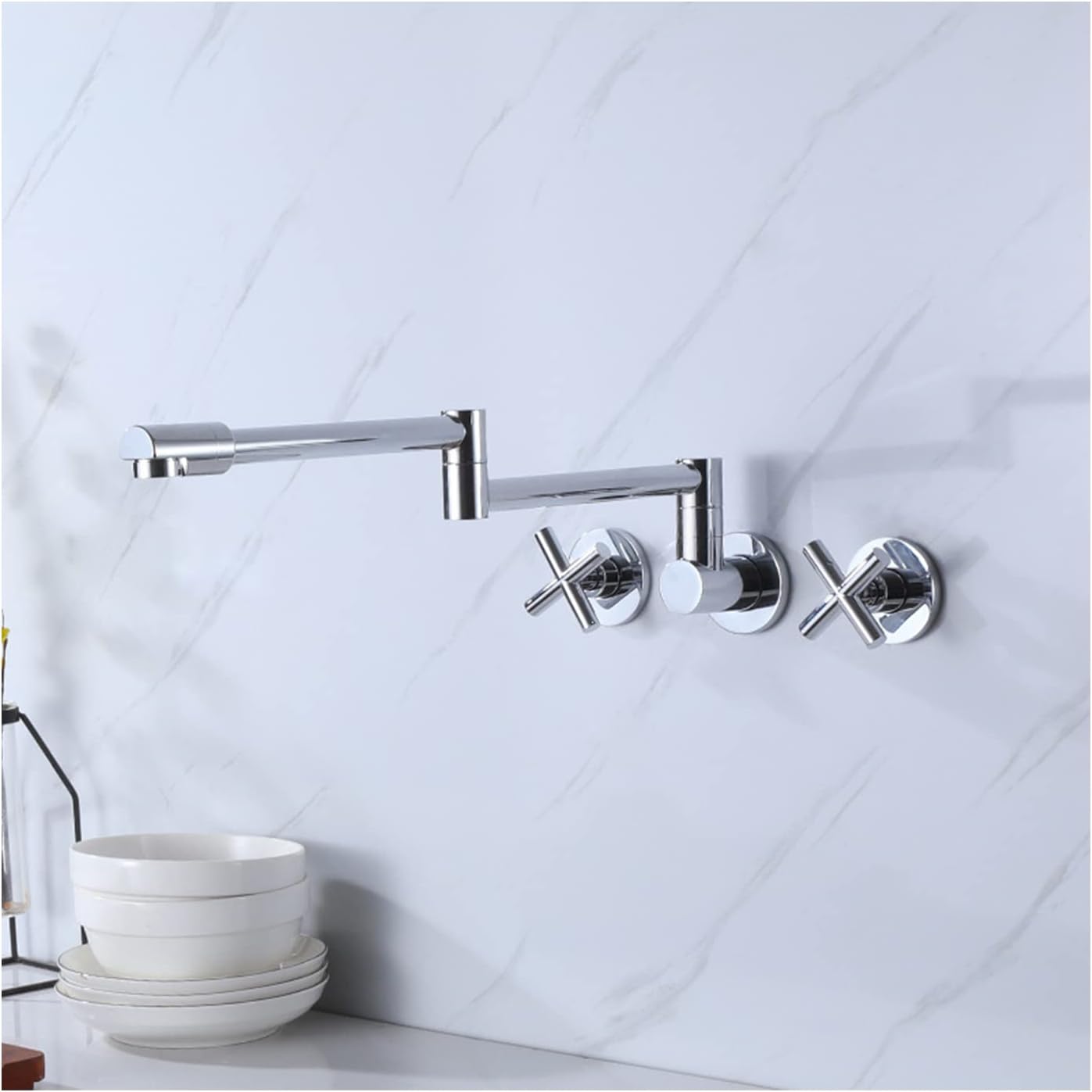 Pot Filler Faucet,Wall-Mount Folding Brass Double Joint Swivel Arm Sink,Two Cross Handles Kitchen,Black(Silver)