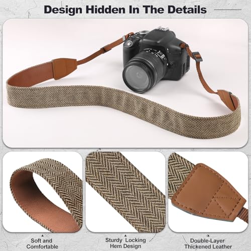 Image of Universal Camera Strap - Camera Neck Strap, Adjustable Shoulder Straps Compatible with Canon, Fujifilm, Nikon, Olympus, Panasonic and other SLR and mirrorless cameras - Khaki and Black Stripes