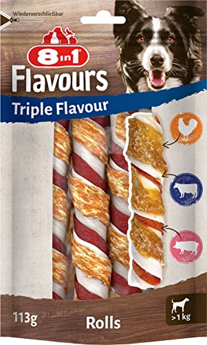 8in1 Triple Flavour Rolls Bastoncini da masticare per cani - Snack da masticare con carne extra, confezione da 113 g (3 pezzi)