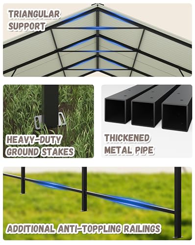 Image of Greesum 10x15FT Metal Carport with Heavy Duty Frame and Galvanized Steel Roof, Vertical Carports with Side Support Rods, Canopy Shelter for Car, Pickup Trucks, Party, Boats, Gray