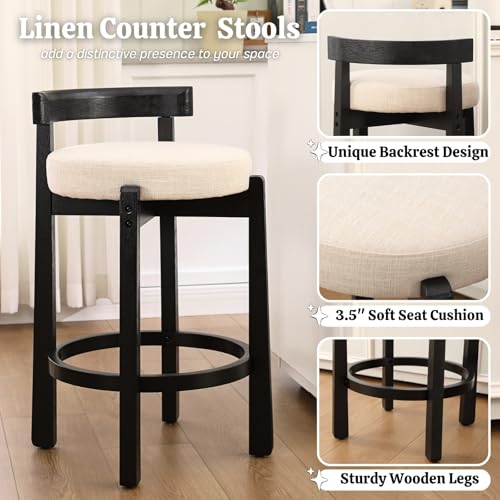 Image of CIMOTA 26.5 inch Counter Height Bar Stools Set of 2 | Mid Century Modern Low Back Bar Chairs with Black Wood Legs & Linen Upholstered Seat, Kitchen Island Stools, Beige