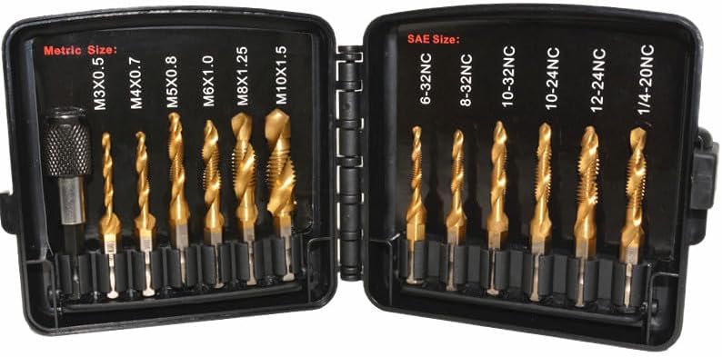 Drill Tap Set with Quick-Change Adapter of 13Pcs, 6 SAE Sizes: 6-32NC to 1/4-20NC, 6 Metric Sizes: M3 to M10, Titanium Combination Drill & Tap Bit Set for Drilling Threads, Tapping