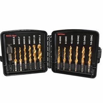Drill Tap Set with Quick-Change Adapter of 13Pcs, 6 SAE Sizes 6-32NC to 1/4-20NC, 6 Metric Sizes M3 to M10, Titanium Combination Drill & Tap Bit Set for Drilling Threads, Tapping