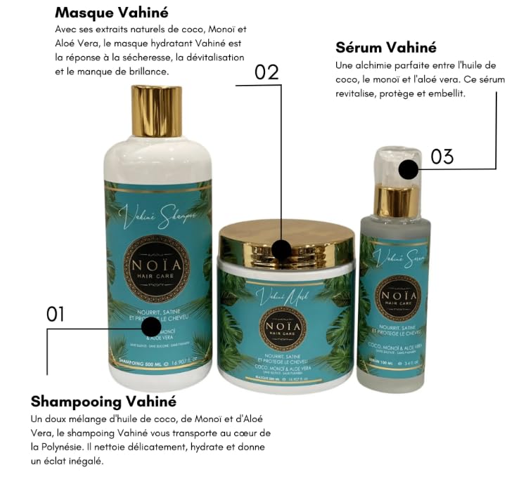 NOÏA HAIR - Discovery Set - VAHINÉ Collection - Trio Shampoo + Mask + Serum (Coconut, Monoi & Aloe Vera), No color, 1 l (Pack of 3) - Image 4