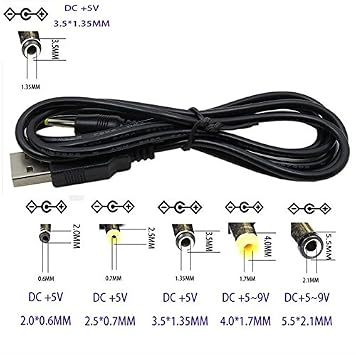 USB A to DC 3.5 mm/1.35 mm 5 Volt DC Barrel Jack Power Cable