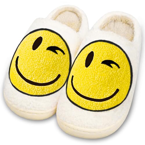 Image of Smile Face Slippers for Women and Men, Retro Comfy Warm Soft Fuzzy Plush Slip-On House Shoes Funny Cute Happy Smile Home Winter Warmies Pillow Cloud Memory Foam Fluffy Slipper for Indoor & Outdoor