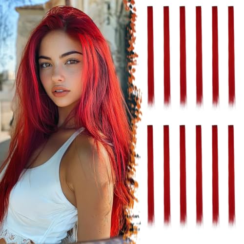 BARSDAR Red Clip in Hair Extensions - Colored Hair Extension for Women - 22'' 12 PCs Colored Hair Extensions Straight Synthetic Clip in Hairpieces Party Halloween Christmas Hair - Red