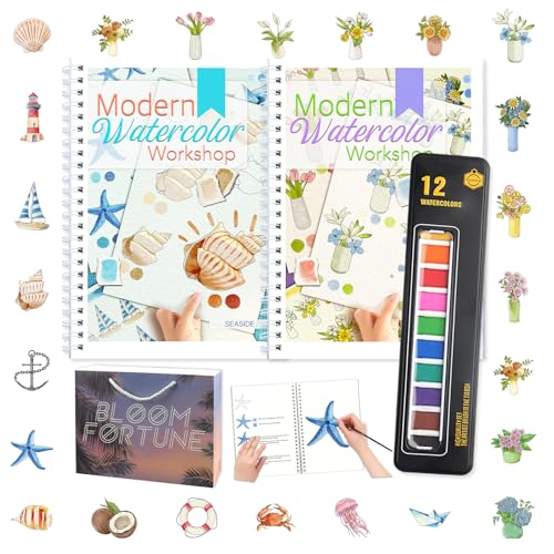 APOLYONE 2-Pack Beginner Watercolor Workbooks: 24 Coloring Pages + 12 Watercolor Paints + Brush – 300gsm/140lb Paper – Gift for Women, Adults & Beginners (Bouquet & Seaside)