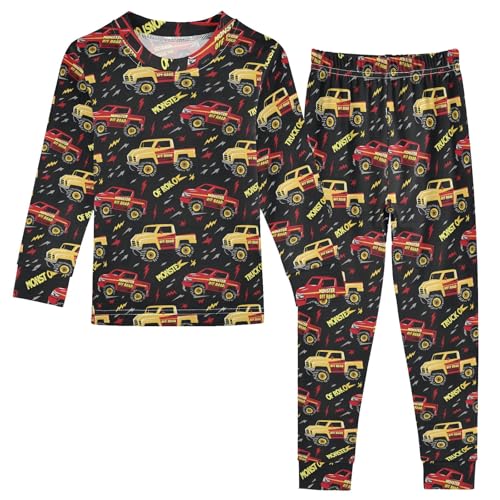 Funny Trucks Pattern Cute Pajama Sets Long Sleeve Top and Pants, Snug Fit Sleepwear for Night Wears