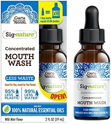 GuruNanda Concentrated Mouthwash, Helps with Bad Breath, Promotes Teeth Whitening, Made with 100% Natural Essential Oils, 1 Bottle Equals 300 Rinse, Fluoride-Free – Mint Flavored (2 oz)