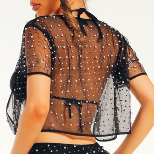 Image of JAKAWIN Pearl Wedding Bolero Shrug Rhinestone Short Sleeve Mesh Cropped Cardigan for Women (US, Alpha, Small, Regular, Regular, Black)