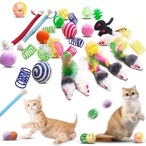 YULOYI Cat Toys for Indoor Cats - 34 Packs Interactive Set with Colorful Springs, Mouse Toy, Catnip Ropes, Balls, Bells, and Sisal Ball for Kittens