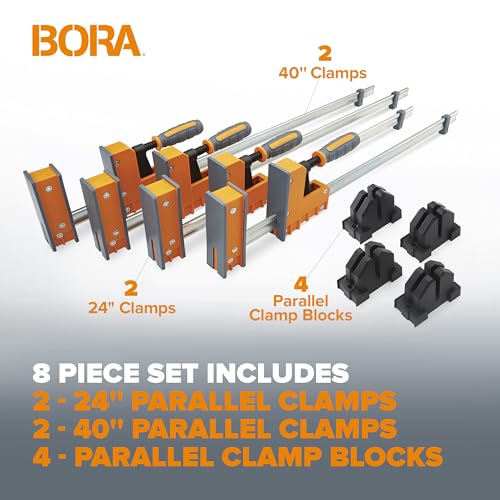 BORA 8pc Parallel Clamp Set, Includes 2 x 24" + 2 x 40" Woodworking Clamps with Rock-Solid, Even Pressure + 4 x Parallel Clamp Blocks, 571650