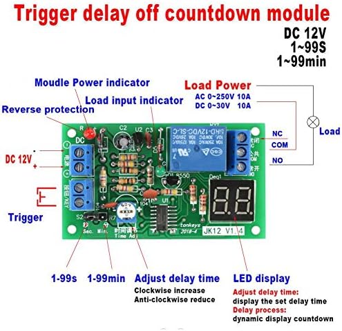 DC12V Digital LED Display Countdown Timing Delay Timer Switch Turn OFF Relay Module 1-99s/ 1-99min Adjustable