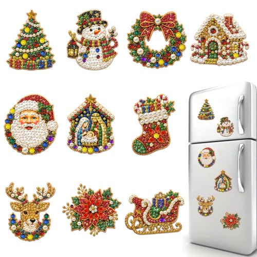 Christmas Fridge Magnet Craft Kit 10Pcs DIY for Adults | Magnetic Sticker Panels with Resin Diamond Beads Tool Set for Kitchen O