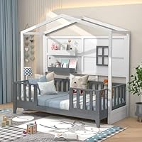 GYMAX Wooden Kids Bed Frame, Toddler Single Bed with 2 Shelves and Guardrails, Children House Floor Bed for Boys Girls, No Box Spring Needed