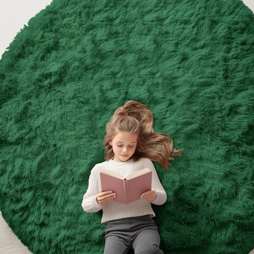OLANLY Dark Green Round Rugs for Bedroom - Machine Washable, 7 ft Circle Area Rugs for Living Room, Soft and Fluffy Shaggy Carpet for Teen Girls and Boys, Nursery Rooms, Dorms, Home Decor Aesthetic