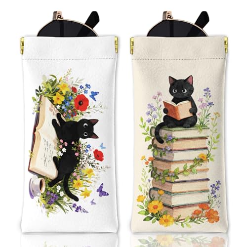 GLOBLELAND 2 Piezas Funda para Gafas Gato Leyendo Bolsa Blanda Animales Protector para Anteojos de Lectura Diseño Kawaii de Gatos Accesorio Portátil para Viaje Lentes y Maquillaje