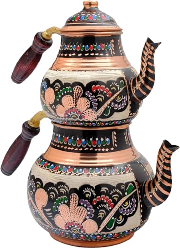 Théière turque en cuivre avec poignée en bois pour cuisinière - Infuseur décoratif vintage - Motif floral - Pour pendaison de crémaillère, décoration d'intérieur