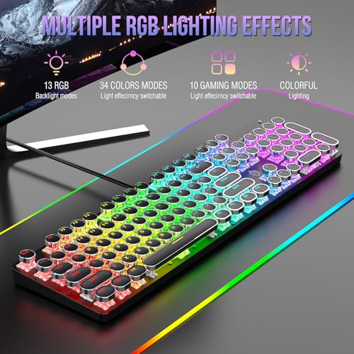 Gaozen Typewriter Mechanical Gaming Keyboard with RGB Backlit Red Switches, 104 Keys Retro Round Keycap, Wired Typewriter Style Comfortable Typing Soud (R-Black) by Gaozen - Image 2