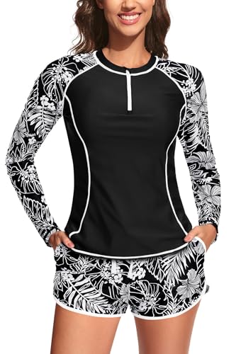 Womens Rash Guard Long Sleeve-Two Piece Swimsuit with Built in Bra Zip Front Swim Shirt and Shorts with Pockets Black Floral Large