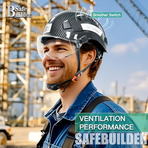 SAFEBUILDER Construction Safety Helmet with Visor ABS Hard Hat Adjustable Ventilation Hardhats Industrial Work Head Protection for Men Certified ANSI/ISEA Z89.1 (Bright Black with Clear Visor)
