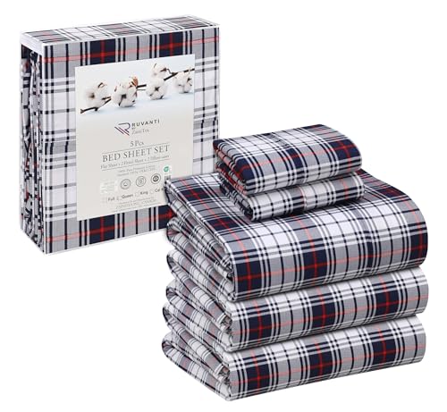 RUVANTI 100% Cotton Split King Sheets Sets for Adjustable Bed, 5 PCs, Soft & Breathable Percale Weave Bedding, Deep Pocket 16", Hotel Standard, Crisp Cool Feel & Durable, Floral Sheet, Prussian