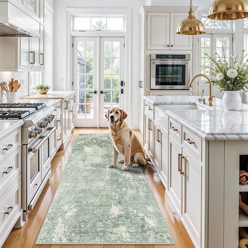 4x8 Washable Indoor Entryway Rug Non-Slip Rubber Backed Floor Mat for Kitchen, Hallway, Bedroom Modern Abstract Low-Pile Thin Wide Carpet Runner for Bathroom, Living Room, Office (Sage Green, 4x8)