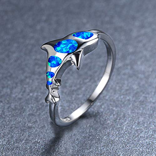 Bamos Shark Ring Opal Rings, 14K White Gold Plated Cute Rings Statement Ring Mounted With Created Opal Shark For Women Girls Men Boys, Rings For Teen Girls, Size 6 7 8 9 10 #TOP3