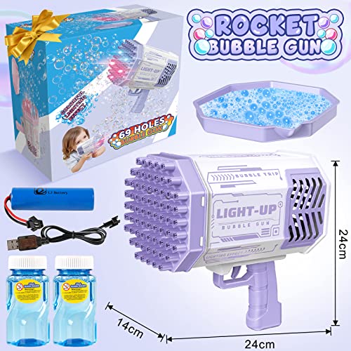 Bubble Machine Gun, 69 Holes Bubble Gun With Colorful Lights And 2 Bottles Bubble Solution, Bubble Machine For Toddlers 1-3, Summer Bubble Toy Gun For Outdoor Indoor Birthday Wedding Party (Purple) #TOP2