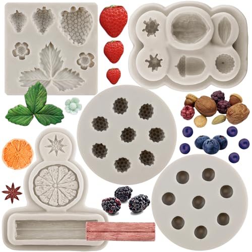 MYPRACS 5 Stück Heidelbeere Himbeere Erdbeere Fondantformen Nüsse Beeren Silikonform Gewürze Sternanis Zimt Zitrone Form für Kuchendekoration Cupcake Topper Süßigkeiten Schokolade Gummipaste