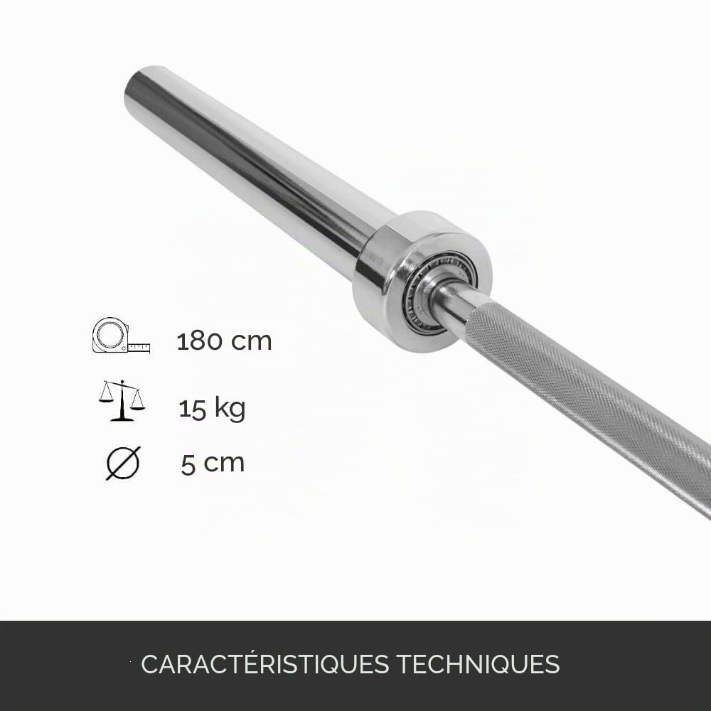 Barre d'Entraînement Olympique 180 cm - Acier Chromé, Diamètre 50 mm, Sans Poids