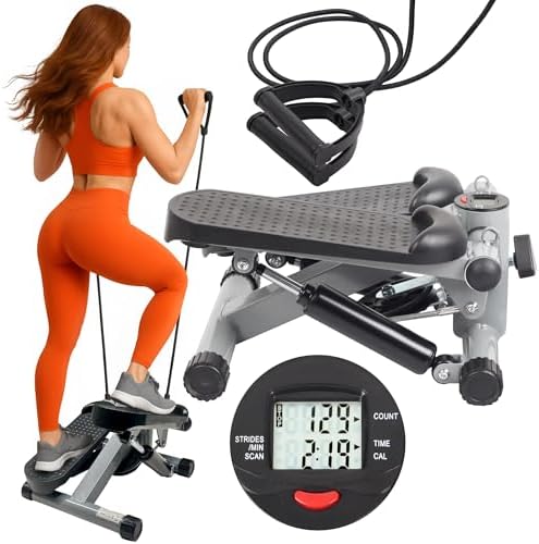 PORTENTUM Mini Stepper für Zuhause mit Widerstandsbändern und LCD-Display 5 Funktionen — Stairmaster 3-in-1 für Beine und Arme — Intensität einstellbar — Treppensteiger Fitnessgerä